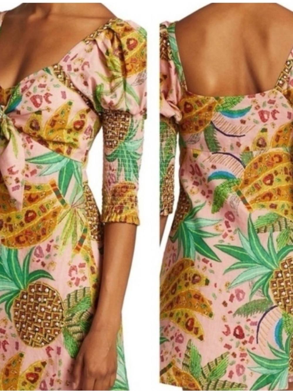 Farm Rio sz S Pineapple Tie-Front Mini Dress - Pink & Green - Picture 2 of 6